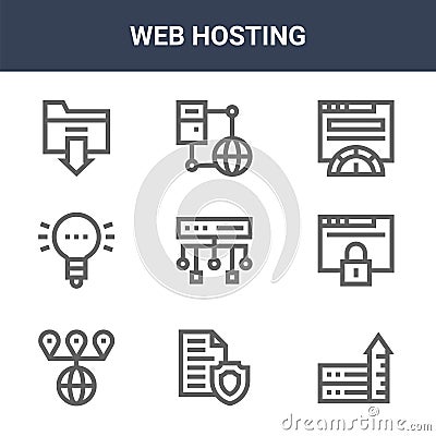 9 web hosting icons pack. trendy web hosting icons on white background. thin outline line icons such as server, access, connect . Vector Illustration