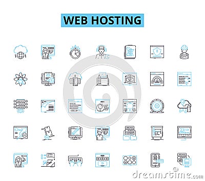 Web Hosting linear icons set. Server, Hosting, Domain, Bandwidth, Uptime, Database, Cloud line vector and concept signs Vector Illustration