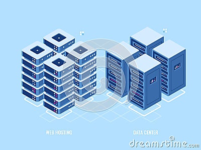 Web hosting server rack, isometric icon of database and data center, blockchain digital technology concept, cloud Vector Illustration
