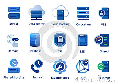 web hosting service icon set from colocation server VPN shared to CDN and SSL Vector Illustration