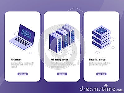 Web hosting service isometric icon, vps server room, data warehouse cloud storage, laptop with big data processing Vector Illustration