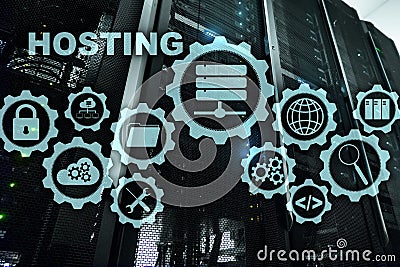 Web Hosting Technology Internet and Networking Concept. On Server room background. Virual screen. Stock Photo