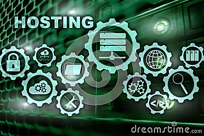 Web Hosting Technology Internet and Networking Concept. On Server room background. Virual screen Stock Photo