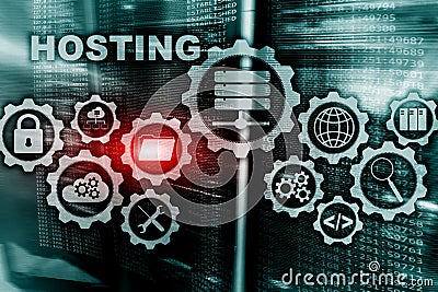 Web Hosting Technology Internet and Networking Concept. On Server room background. Virual screen Stock Photo