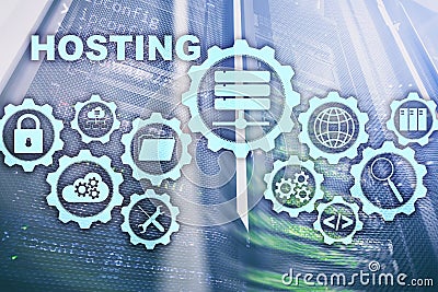 Web Hosting Technology Internet and Networking Concept. On Server room background. Virual screen. Stock Photo