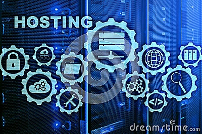 Web Hosting Technology Internet and Networking Concept. On Server room background. Virual screen Stock Photo