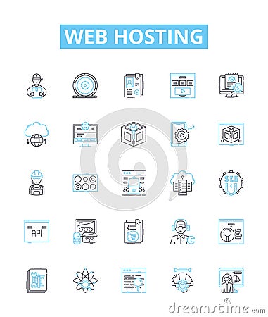 Web Hosting vector line icons set. Hosting, Web, Website, Cloud, Domains, Servers, Data illustration outline concept Cartoon Illustration