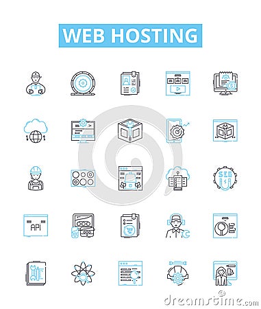 Web Hosting vector line icons set. Hosting, Web, Website, Cloud, Domains, Servers, Data illustration outline concept Vector Illustration