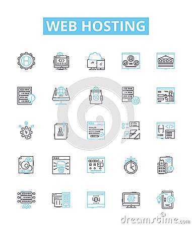 Web Hosting vector line icons set. Hosting, Web, Website, Cloud, Domains, Servers, Data illustration outline concept Vector Illustration