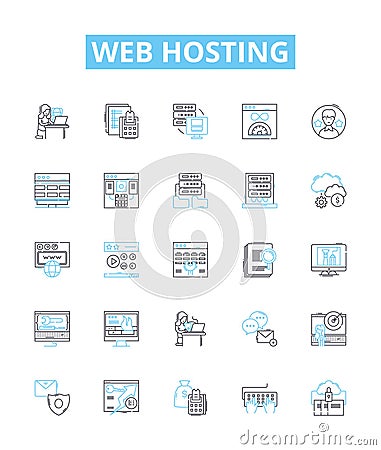 Web Hosting vector line icons set. Hosting, Web, Website, Cloud, Domains, Servers, Data illustration outline concept Vector Illustration