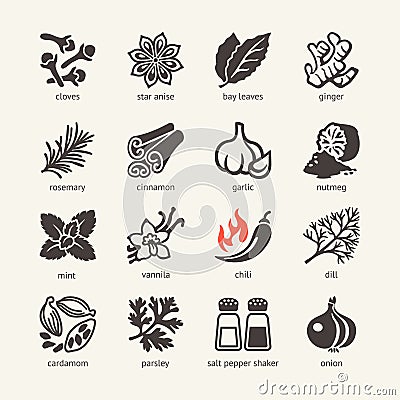 Web icon set - spices, condiments and herbs Vector Illustration