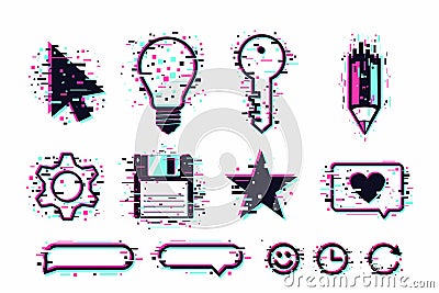 Web icons set. User interface symbols, glitch style. GUI elements isolated on white. Vector clipart collection for Vector Illustration