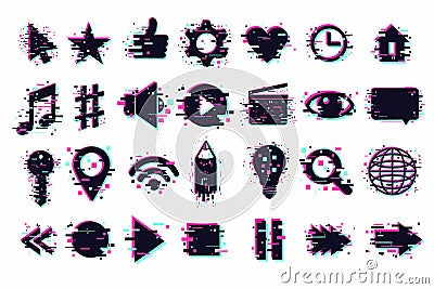 Web icons set. User interface symbols, glitch style. GUI elements isolated on white. Vector clipart collection for Stock Photo