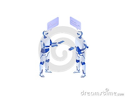 Web interaction artificial intelligence with self isometric concept. Dialogue online with artificial intelligence. Vector Illustration