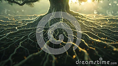 A web of interconnected roots representing the unseen ties that bind entangled particles together Stock Photo