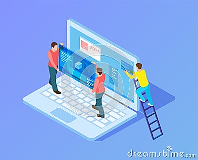 Web interface upgrade. Web developers, programmers at work. Isometric people working with laptop, content replacement Cartoon Illustration