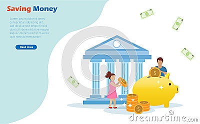 Kids saving money, gold coins on piggy bank. Vector Illustration