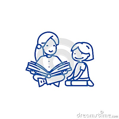 Kindergarten teacher,woman reading line icon concept. Kindergarten teacher,woman reading flat vector symbol, sign Vector Illustration