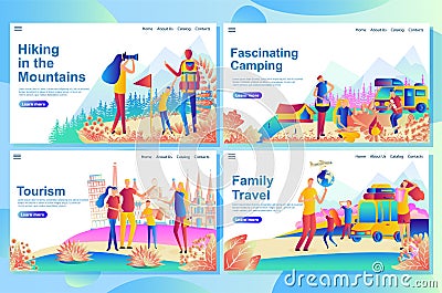 Web landing page design template for family travel tourism, camping. Vector Illustration