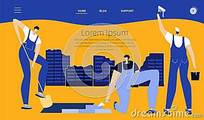 The web landing page with set of mans, builders, engineers in jumpsuit. The strong man to do hard work, rebuild Vector Illustration