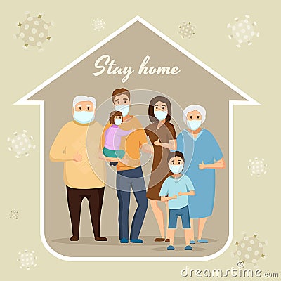 A large family wears a mask Vector Illustration