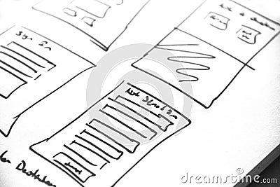 Web layout sketch paper Book, mobile and web sketch Stock Photo