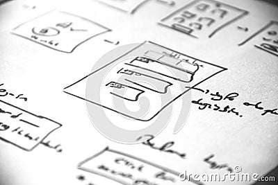 Web layout sketch paper Book, mobile and web sketch Stock Photo