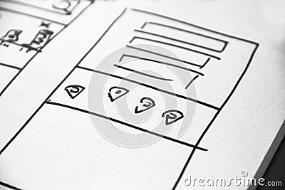 Web layout sketch paper Book, mobile and web sketch Stock Photo