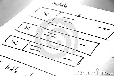 Web layout sketch paper Book, mobile and web sketch Stock Photo