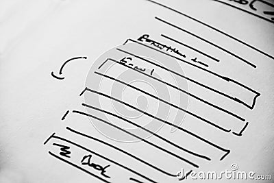 Web layout sketch paper Book, mobile and web sketch Stock Photo