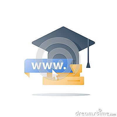 Web learning, online education, distant study, graduation hat and books stack, cursor arrow click Vector Illustration