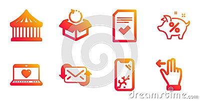 Web love, Refresh mail and Carousels icons set. Checked file, Smartphone broken and Return package signs. Vector Vector Illustration