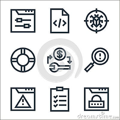 web maintenance line icons. linear set. quality vector line set such as padlock, checklist, alert, search, swap, lifesaver, Vector Illustration