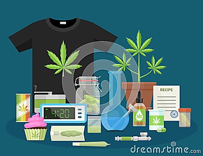 Marijuana and smoking equipment flat icons, Illustration of medical cannabis ganja growing and accessories vector illustration Vector Illustration