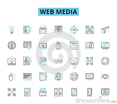 Web media linear icons set. Streaming, Blogging, Socializing, Podcasts, Vlogging, Analytics, Targeting line vector and Vector Illustration