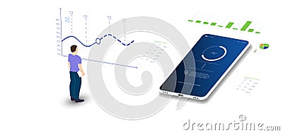 Mobile apps and development, the developer looks at the app sales charts, isometry in blue. Mockup digital technology transfer pay Vector Illustration