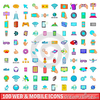 100 web and mobile icons set, cartoon style Vector Illustration