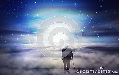Old man soul journey, Bright light from heaven, Way, path to God Vector Illustration