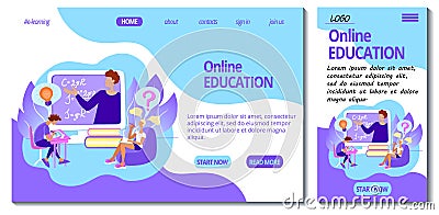 Web page and app mobile design template for e-learning site. Home online education concept. Students studying remotely. Webinar on Cartoon Illustration