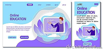Web page and app mobile design template for e-learning site. Home online education concept. Teacher teaches remotely. Webinar on a Cartoon Illustration