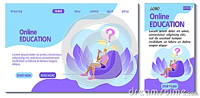 Web page and app mobile design template for e-learning site. Home online education. Student studying remotely. Asking question Cartoon Illustration