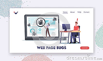 Web Page Bug Landing Page Template. Programmer Characters Debugging Program, Coding, Create App. Application Development Vector Illustration
