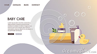 Web page design with baby care cosmetics. Website, poster, advertising banner. Natural baby shampoo, cream, gel, soap Vector Illustration