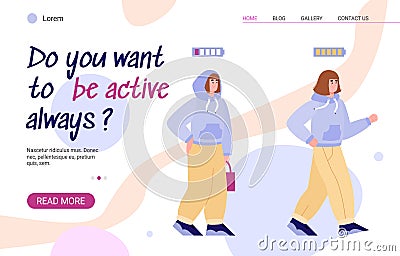 Web page design featuring active and tired person, cartoon vector illustration. Vector Illustration