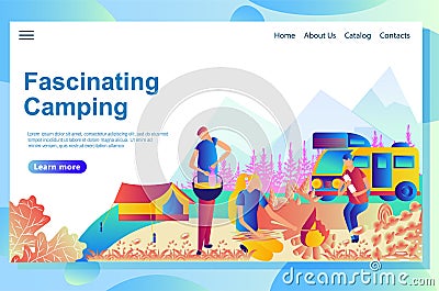 Web page design template for camping. Cartoon people resting together it the park. Vector Illustration