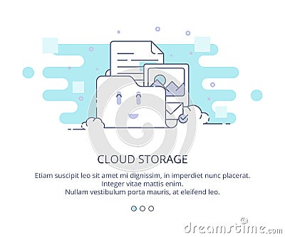 Web Page Design Template of Cloud Computing and Storage. Data Storage, Cloud Computing, Web Sites Hosting. Flat Layout Vector Illustration