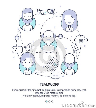 Web Page Design Template of Company Profile, Teamwork, Corporate Business Workflow, Career Opportunities, Team Skills Vector Illustration
