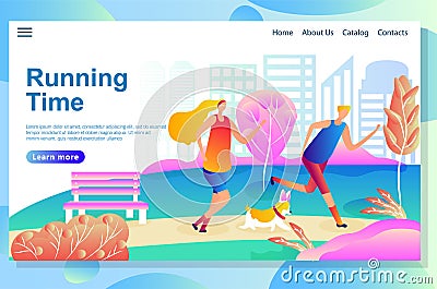 Web page design template shows Man and woman running in the park with a dog. Morning physical training Vector Illustration