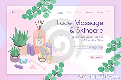 Web page design template for skin care treatment,face massage tutorial,spa,wellness,natural products,cosmetics,self care Vector Illustration