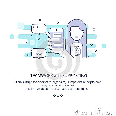 Web page design template of supporting, teamwork, corporate business workflow, career opportunities, team skills Vector Illustration